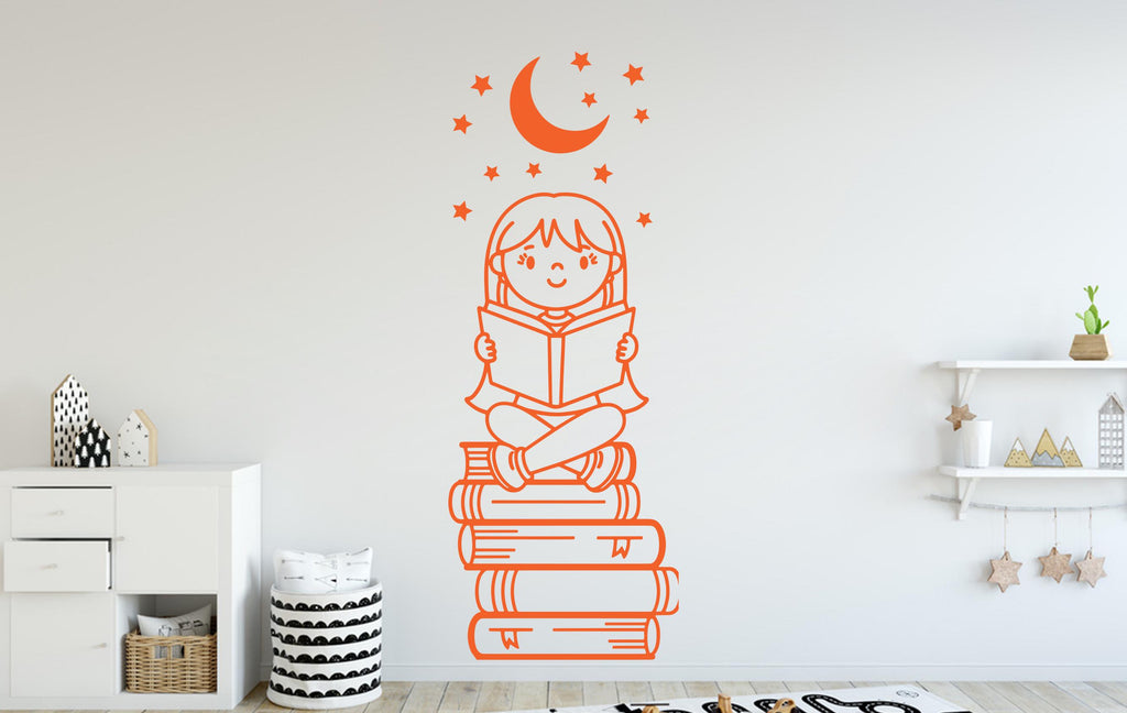 Girl Reading Book Wall Decal, Library Decor, Vinyl Sticker 398DE