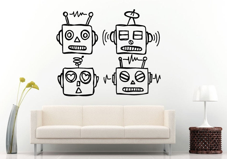 Funny Vintage Robot Heads For Baby Toddler Kids Boys Girls Room Wall Decal Vinyl Sticker Mural Room Decor L657