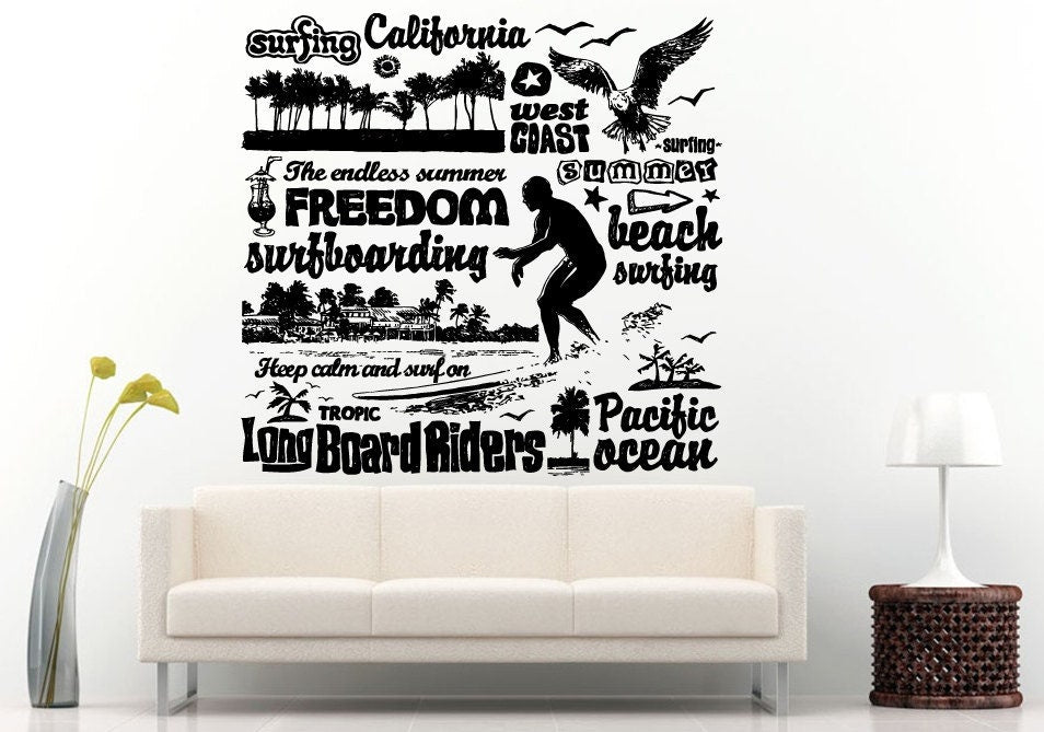 Surfing California West Coast Summer Long Board Riders Keep Calm And Surf On Wall Decal Vinyl Sticker Mural Room Decor L661