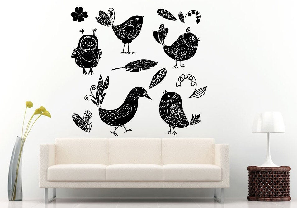 Silhouettes Bird And Flower Collage Wall Decal Vinyl Sticker Mural Room Decor L663