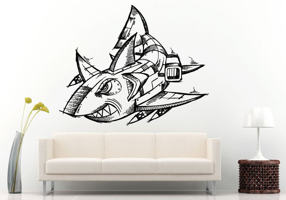 Sketch Of A Robot Shark Syborg Wall Decal Vinyl Sticker Mural Room Decor L664