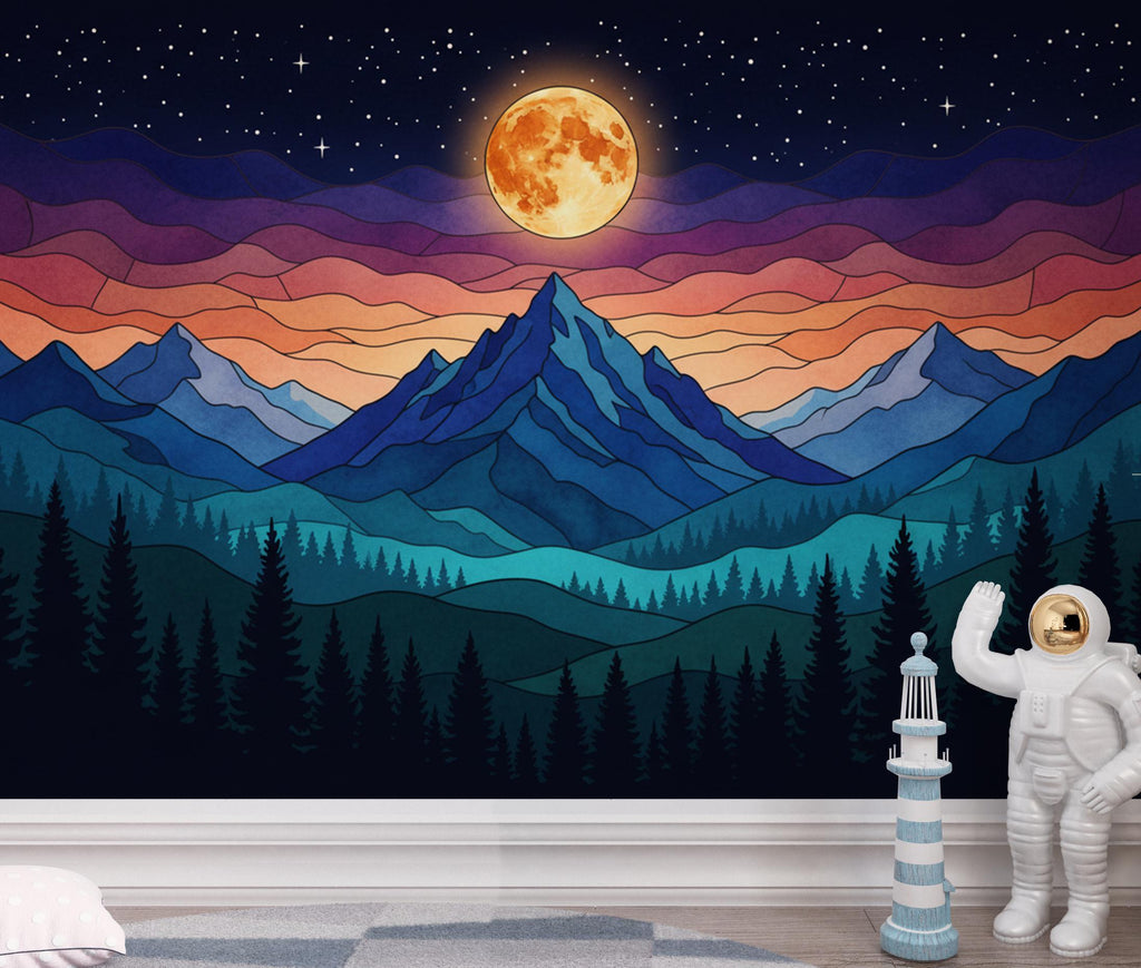 Panoramic Mountain Night Wallpaper, Stained Glass Mural, Full Moon Forest Wall Decor, Mystical Night Sky 399DE