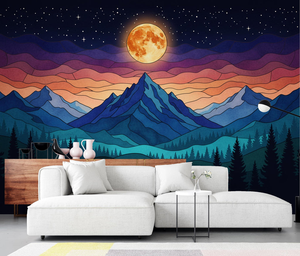 Panoramic Mountain Night Wallpaper, Stained Glass Mural, Full Moon Forest Wall Decor, Mystical Night Sky 399DE