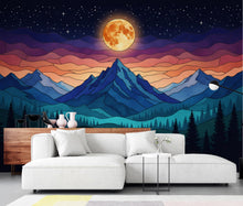 Load image into Gallery viewer, Panoramic Mountain Night Wallpaper, Stained Glass Mural, Full Moon Forest Wall Decor, Mystical Night Sky 399DE