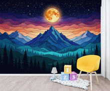 Load image into Gallery viewer, Panoramic Mountain Night Wallpaper, Stained Glass Mural, Full Moon Forest Wall Decor, Mystical Night Sky 399DE