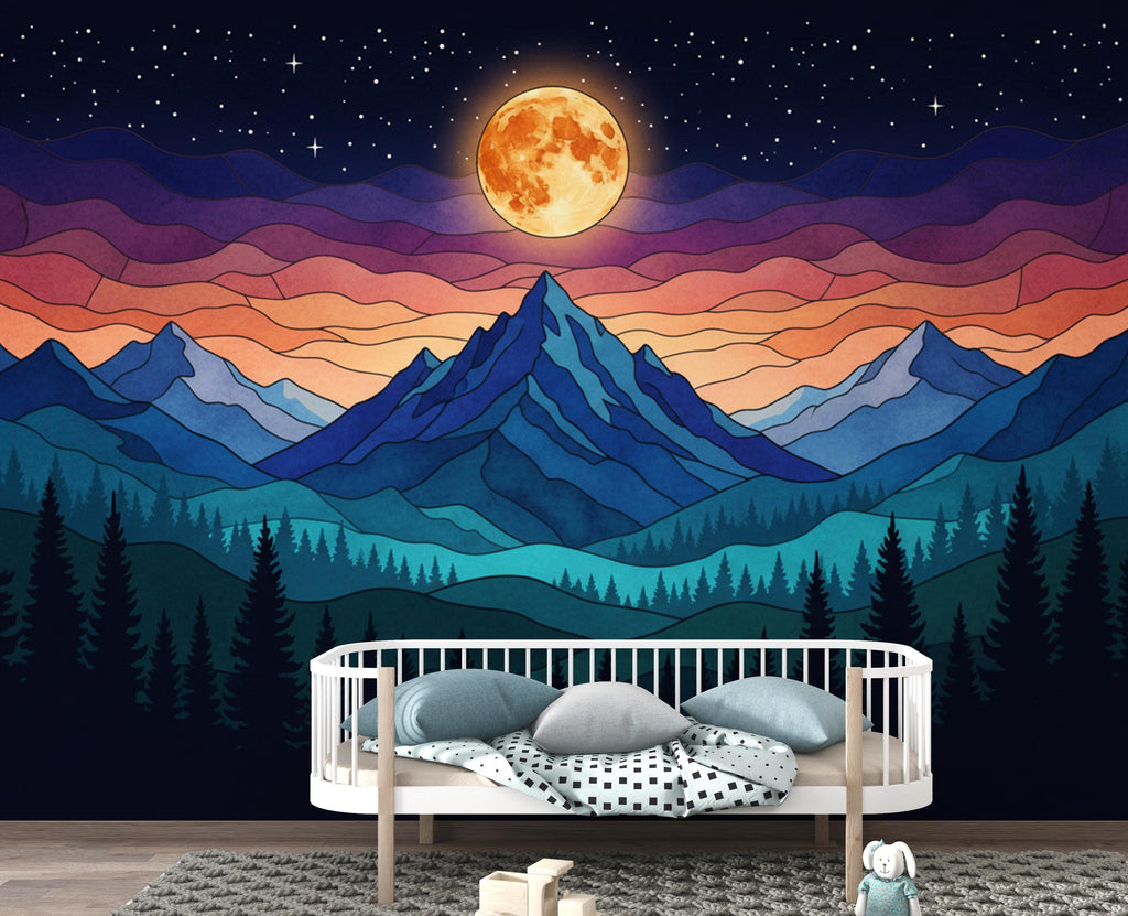 Panoramic Mountain Night Wallpaper, Stained Glass Mural, Full Moon Forest Wall Decor, Mystical Night Sky 399DE