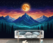 Load image into Gallery viewer, Panoramic Mountain Night Wallpaper, Stained Glass Mural, Full Moon Forest Wall Decor, Mystical Night Sky 399DE