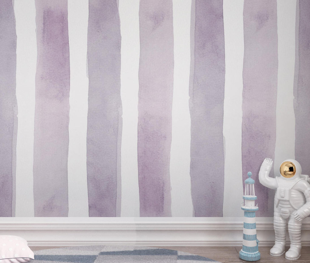 Lavender Stripe Wallpaper, Watercolor Vertical Stripe Mural, Peel and Stick Wallpaper, Nursery Wall Decor, Feminine French Country 400DE