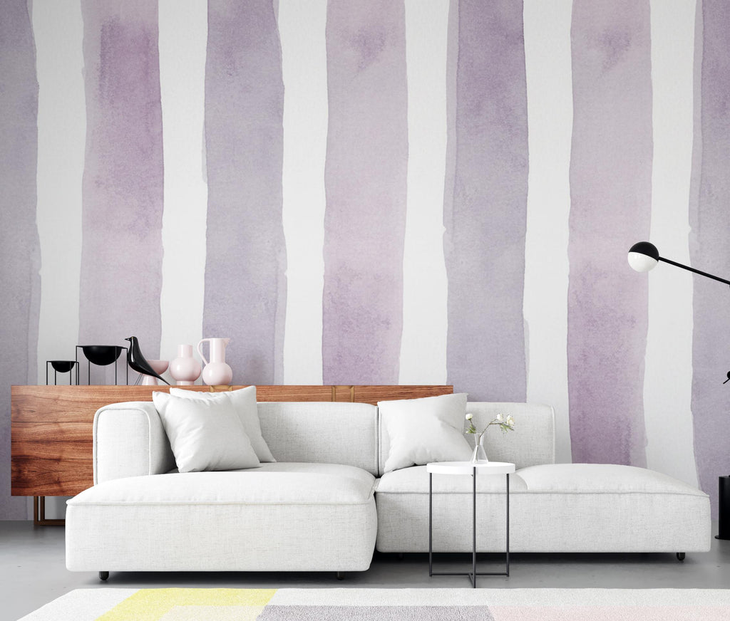 Lavender Stripe Wallpaper, Watercolor Vertical Stripe Mural, Peel and Stick Wallpaper, Nursery Wall Decor, Feminine French Country 400DE