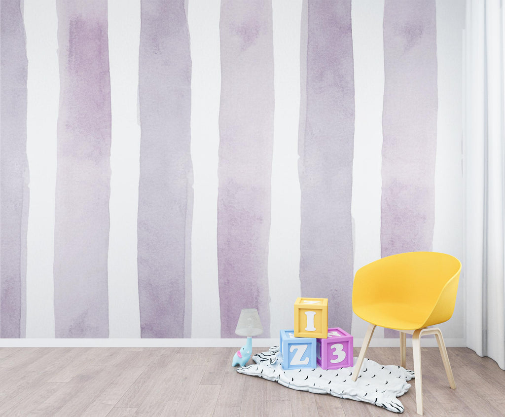Lavender Stripe Wallpaper, Watercolor Vertical Stripe Mural, Peel and Stick Wallpaper, Nursery Wall Decor, Feminine French Country 400DE