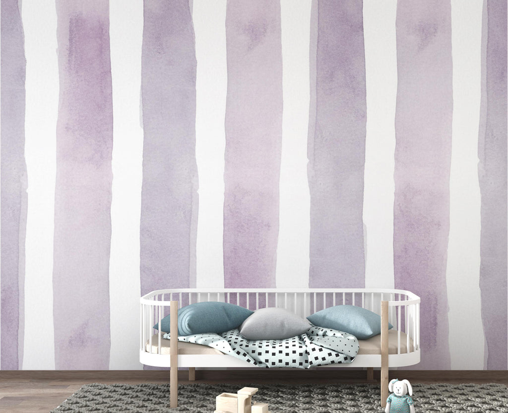 Lavender Stripe Wallpaper, Watercolor Vertical Stripe Mural, Peel and Stick Wallpaper, Nursery Wall Decor, Feminine French Country 400DE