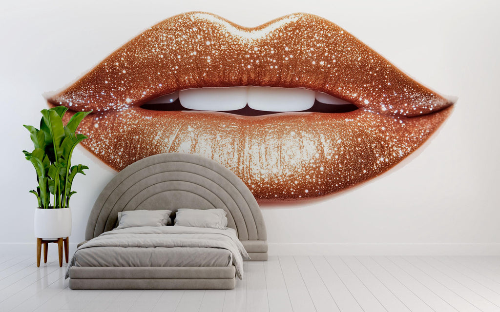 Gold Glitter Lips Wall Decal Makeup Wall Sticker Beauty Salon Decor Nail Studio Wall Art Luxury Glam Lips Vinyl Wall Decal Modern Decor