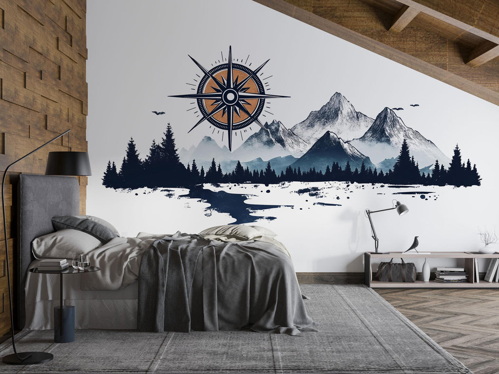 Mountain Compass Wall Sticker, Adventure Forest Decal, Nordic Mountain Wall Decal, Travel Office Wall Art, Nature Removable Sticker, 541mv