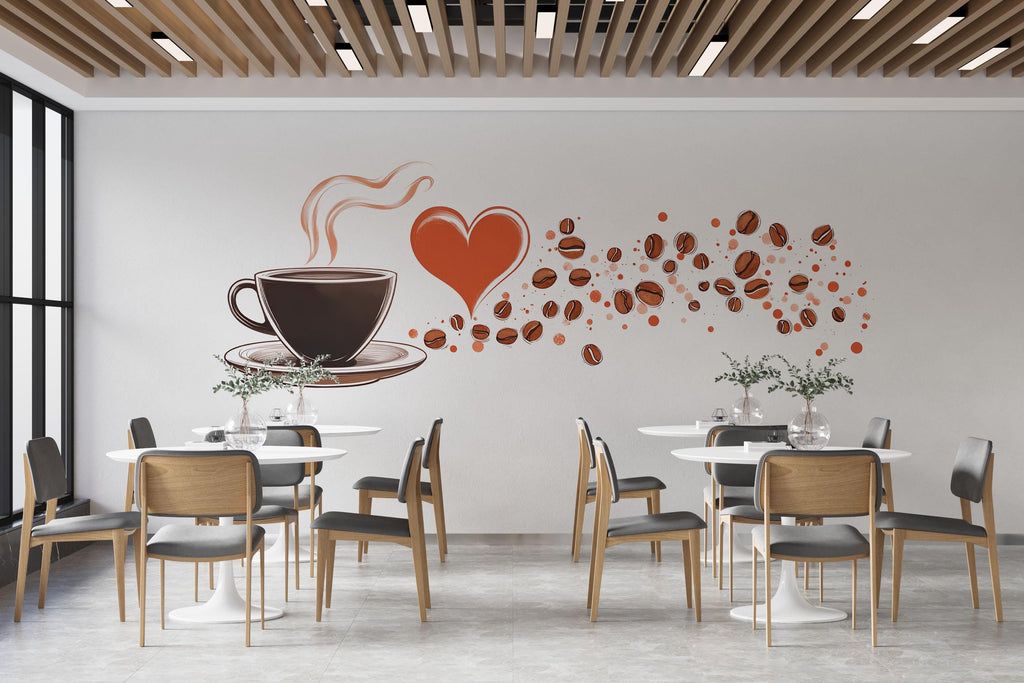 Coffee Cup Wall Sticker, Heart Coffee Decal, Cafe Wall Decor, Coffee Bean Wall Art, Kitchen Decal, Barista Gift, 545mv