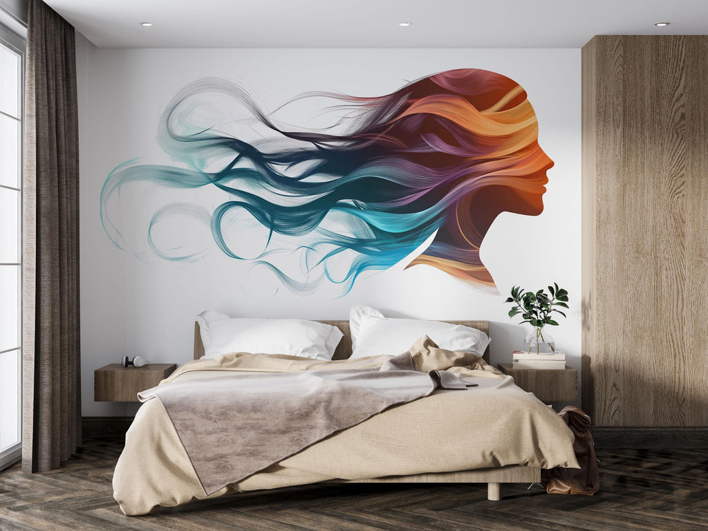 Salon Wall Decal, Beauty Wall Art, Woman Face Mural, Hair Salon Decor, Colorful Stylist Sticker, 553mv
