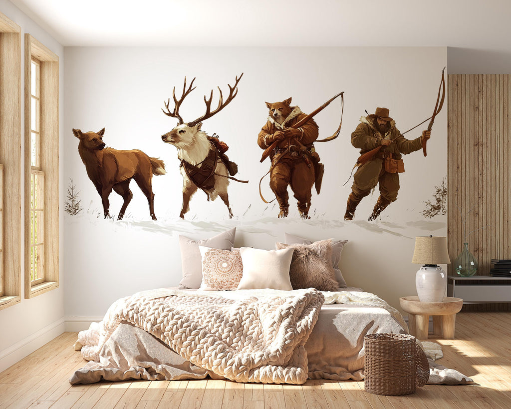 Woodland Hunter Wall Decal, Rustic Animal Wall Art, Deer Elk Wall Sticker, Cabin Decor, Lodge Bedroom Wall Decor, 251gm