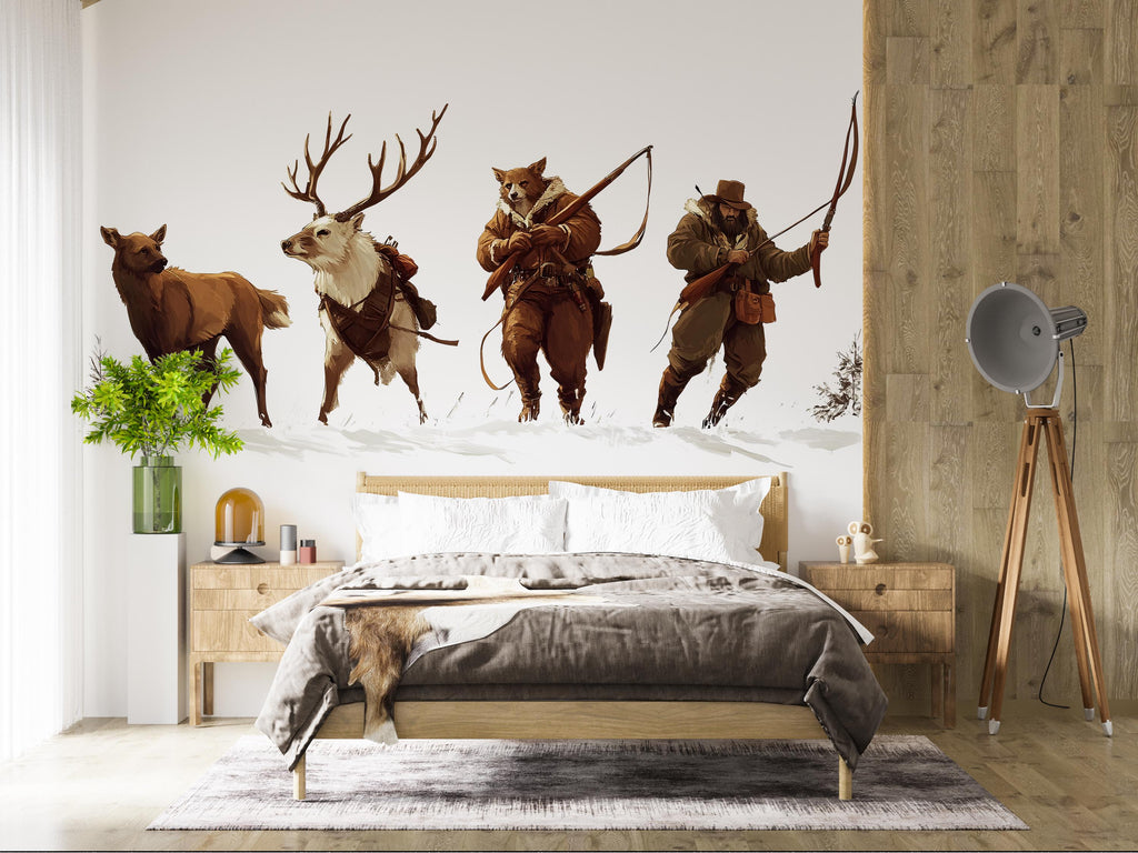 Woodland Hunter Wall Decal, Rustic Animal Wall Art, Deer Elk Wall Sticker, Cabin Decor, Lodge Bedroom Wall Decor, 251gm