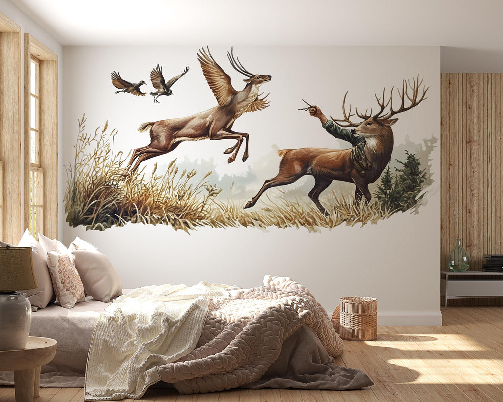 Deer Wall Decal, Rustic Cabin Wall Art, Hunting Wall Sticker, Woodland Bedroom Decor, Lodge Wall Decor, 252gm
