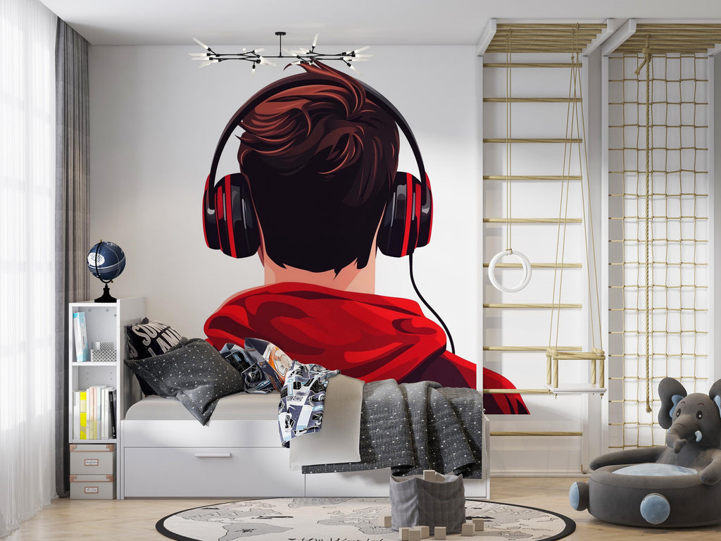 Gamer Wall Decal, Headphone Wall Sticker, Teen Boy Room Decor, Gaming Wall Art, Modern Bedroom Wall Decor, 256gm