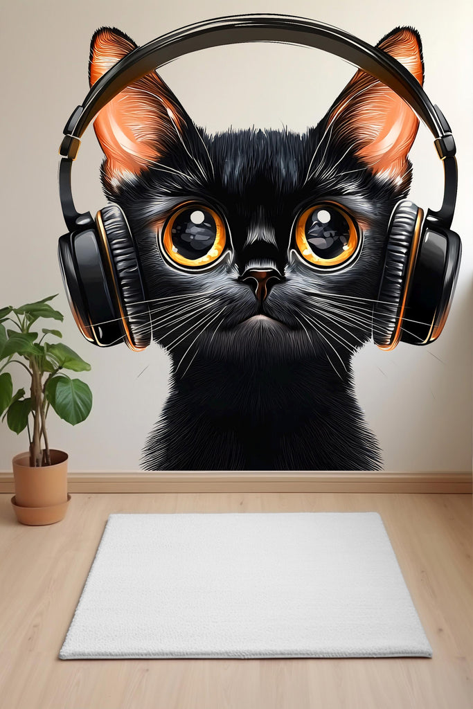 Black Cat Wall Decal, Cat With Headphones Wall Sticker, Cute Animal Wall Art, Music Lover Decor, Kids Room Decor, 259gm
