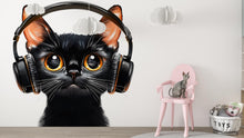 Load image into Gallery viewer, Black Cat Wall Decal, Cat With Headphones Wall Sticker, Cute Animal Wall Art, Music Lover Decor, Kids Room Decor, 259gm