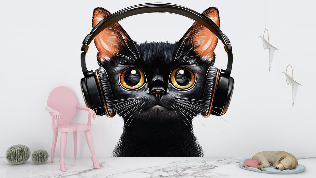 Black Cat Wall Decal, Cat With Headphones Wall Sticker, Cute Animal Wall Art, Music Lover Decor, Kids Room Decor, 259gm