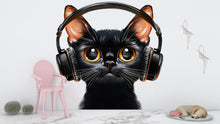 Load image into Gallery viewer, Black Cat Wall Decal, Cat With Headphones Wall Sticker, Cute Animal Wall Art, Music Lover Decor, Kids Room Decor, 259gm