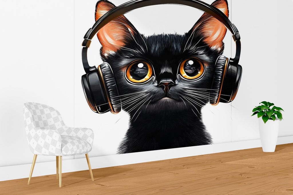 Black Cat Wall Decal, Cat With Headphones Wall Sticker, Cute Animal Wall Art, Music Lover Decor, Kids Room Decor, 259gm