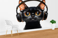 Load image into Gallery viewer, Black Cat Wall Decal, Cat With Headphones Wall Sticker, Cute Animal Wall Art, Music Lover Decor, Kids Room Decor, 259gm
