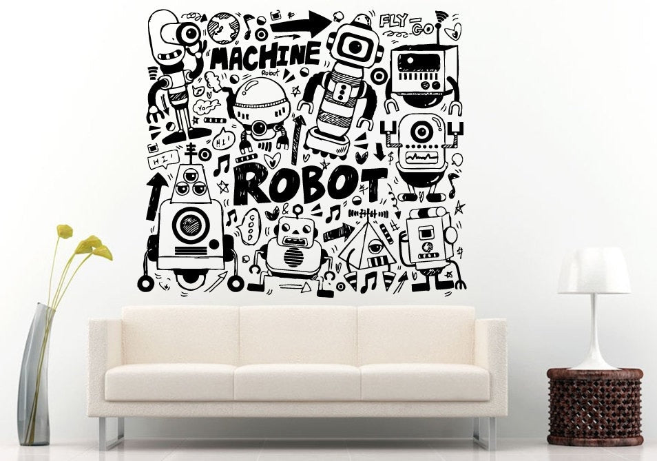 Funny Doodle Robot Element Collage For Baby Toddler Kids Boys Girls Room Wall Decal Vinyl Sticker Mural Room Decor L658