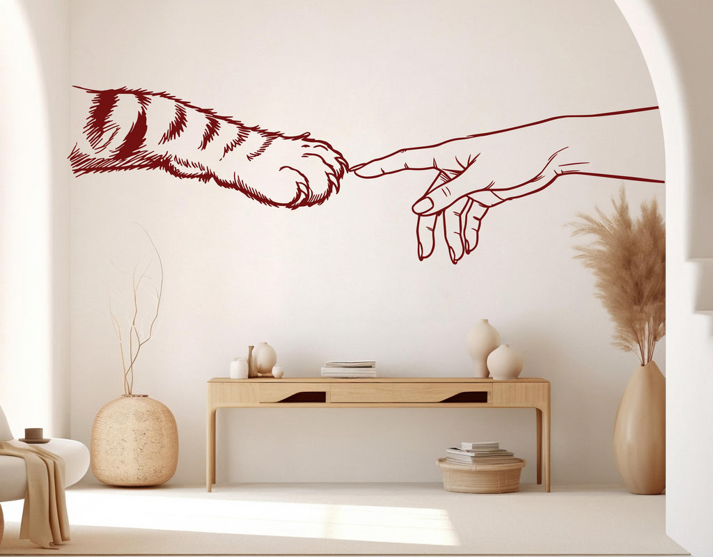 Girl Hand & Cat Paw Vinyl Wall Decal, Cat Lover Decor 1091RS