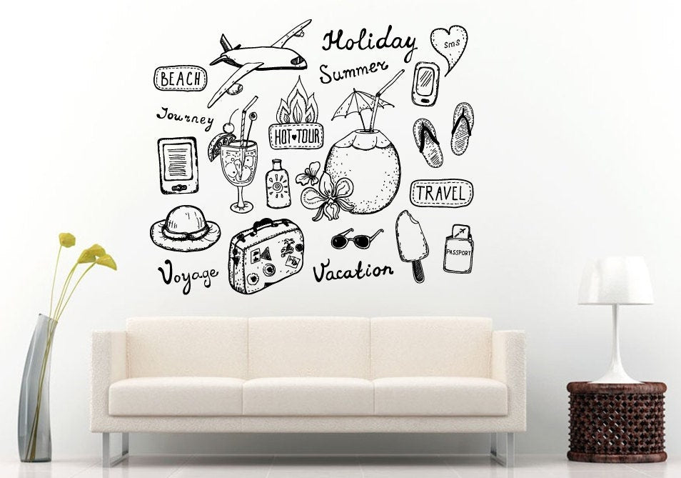 Beach Holiday Summer Travel Hot Tour Vacation Voyage Journey Collage Wall Decal Vinyl Sticker Mural Room Decor L662