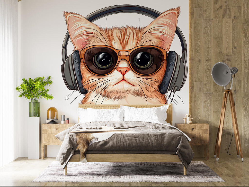 Cute Cat Wall Mural, Cool Kitty Wallpaper, Cat With Sunglasses and Headphones, Kids Room Wall Decor, Nursery Pet Wall Art, 260gm