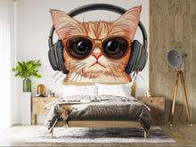 Load image into Gallery viewer, Cute Cat Wall Mural, Cool Kitty Wallpaper, Cat With Sunglasses and Headphones, Kids Room Wall Decor, Nursery Pet Wall Art, 260gm