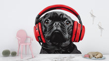 Load image into Gallery viewer, Pug Sticker, Black Pug Decal, Dog With Headphones, Cute Dog Sticker, Funny Pet Decal, Laptop Sticker, Water Bottle, 263gm