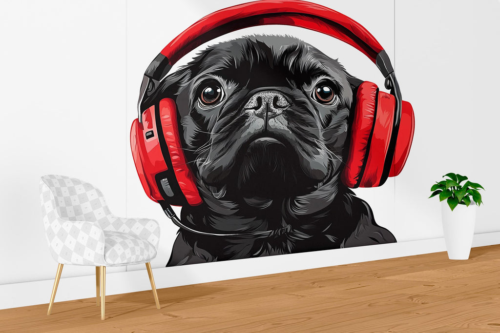 Pug Sticker, Black Pug Decal, Dog With Headphones, Cute Dog Sticker, Funny Pet Decal, Laptop Sticker, Water Bottle, 263gm