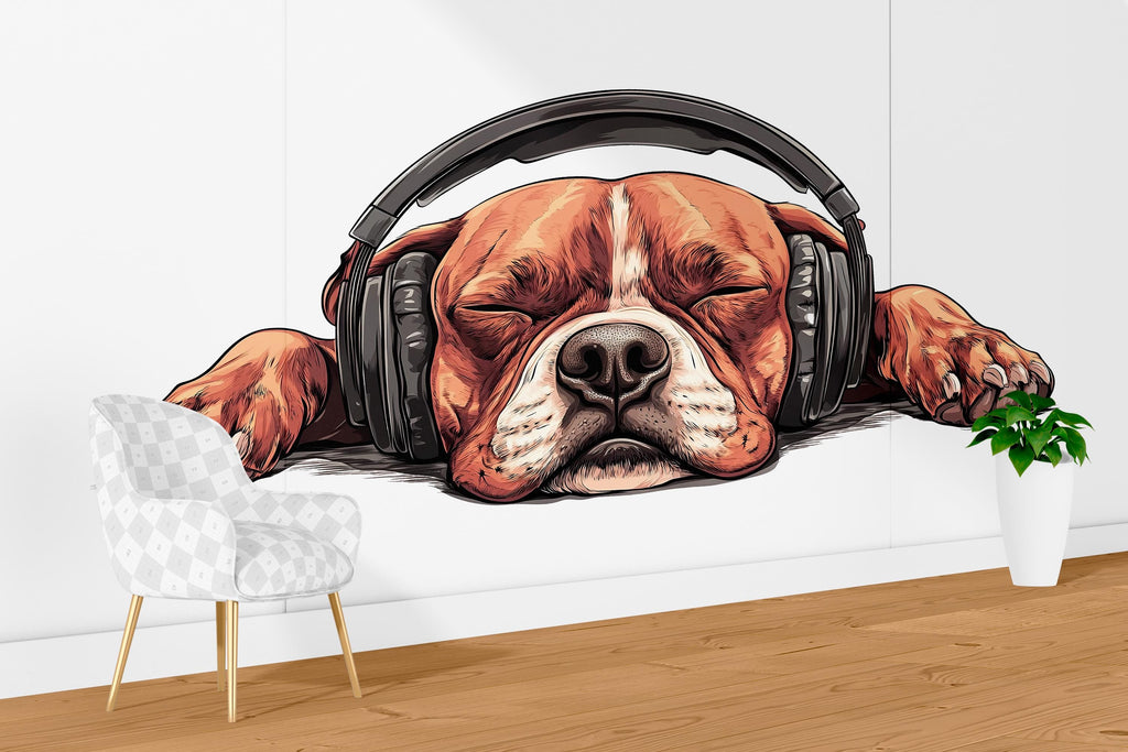 Sleeping Dog Sticker, Bulldog Decal, Cute Dog Sticker, Headphone Dog, Funny Pet Decal, Laptop Sticker, Water Bottle, 264gm