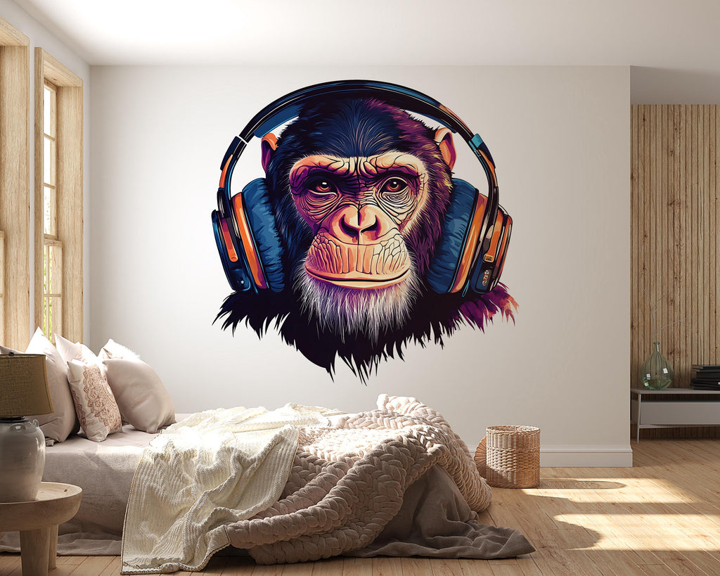 Chimp Sticker, Monkey Headphones, Funny Animal Decal, Cool Ape Sticker, DJ Monkey Art, Laptop Sticker, Water Bottle, 265gm