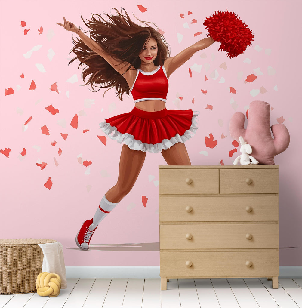 Cheerleader Sticker, Pom Pom Girl Decal, Dance Team Sticker, Sports Girl Gift, Red Uniform Art, Laptop Sticker, 276gm