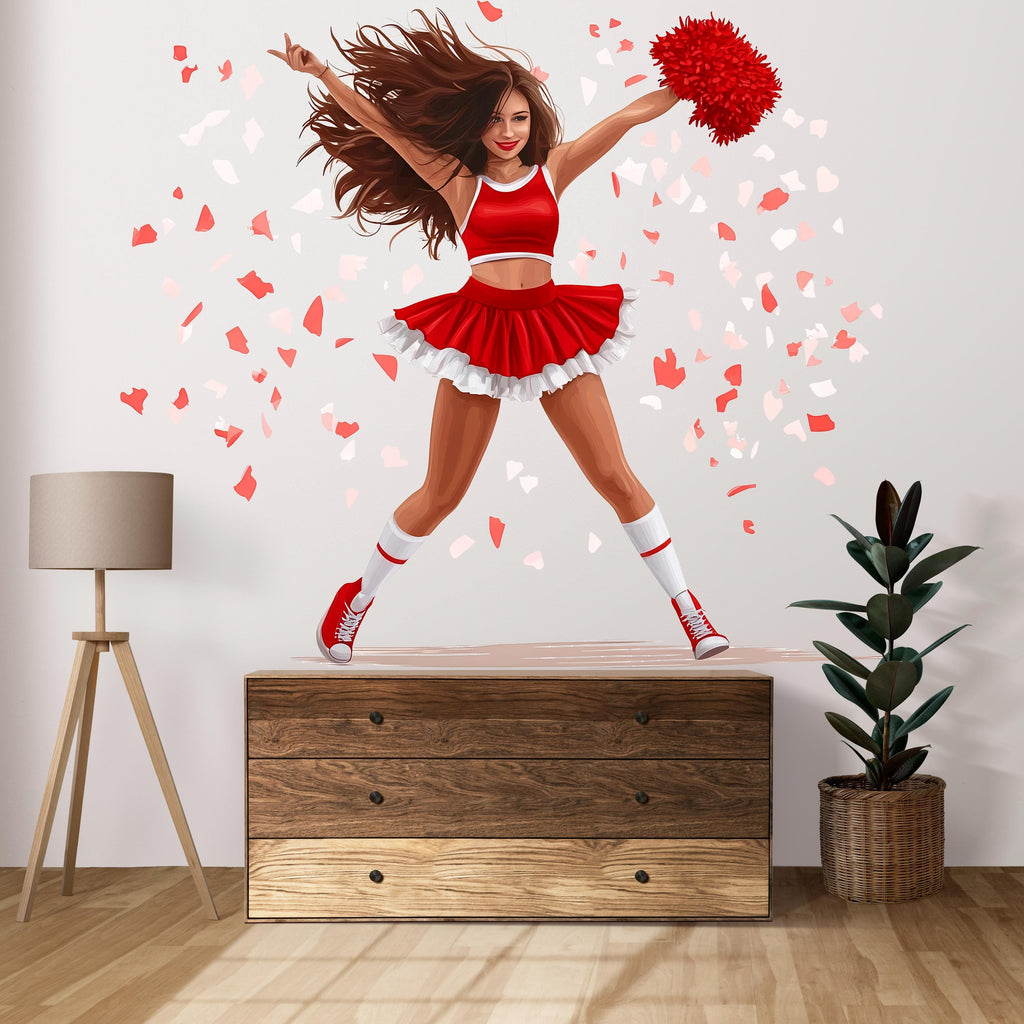Cheerleader Sticker, Pom Pom Girl Decal, Dance Team Sticker, Sports Girl Gift, Red Uniform Art, Laptop Sticker, 276gm