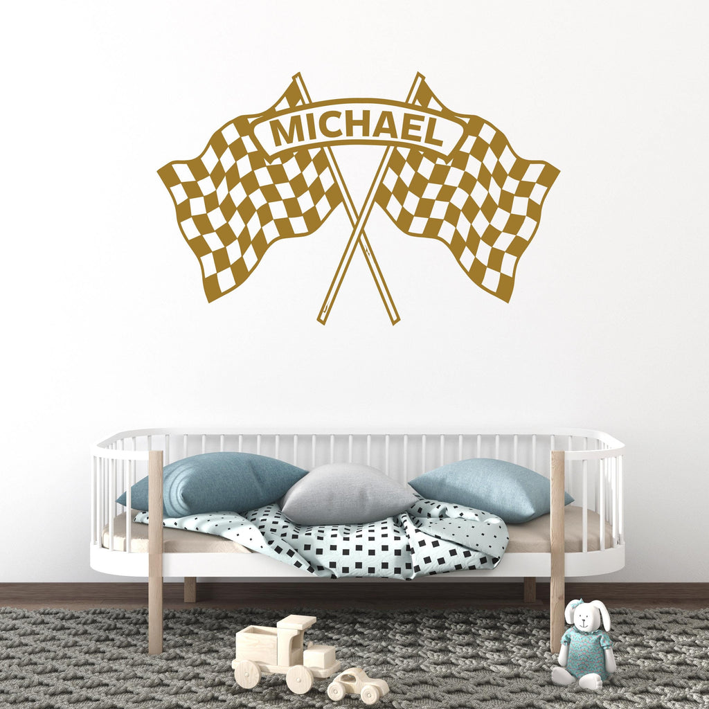 Personalized Race Car Wall Decal, Checkered Flag Name Wall Sticker, Custom Racing Wall Art, Boys Room Decor, Race Theme Nursery 688LU