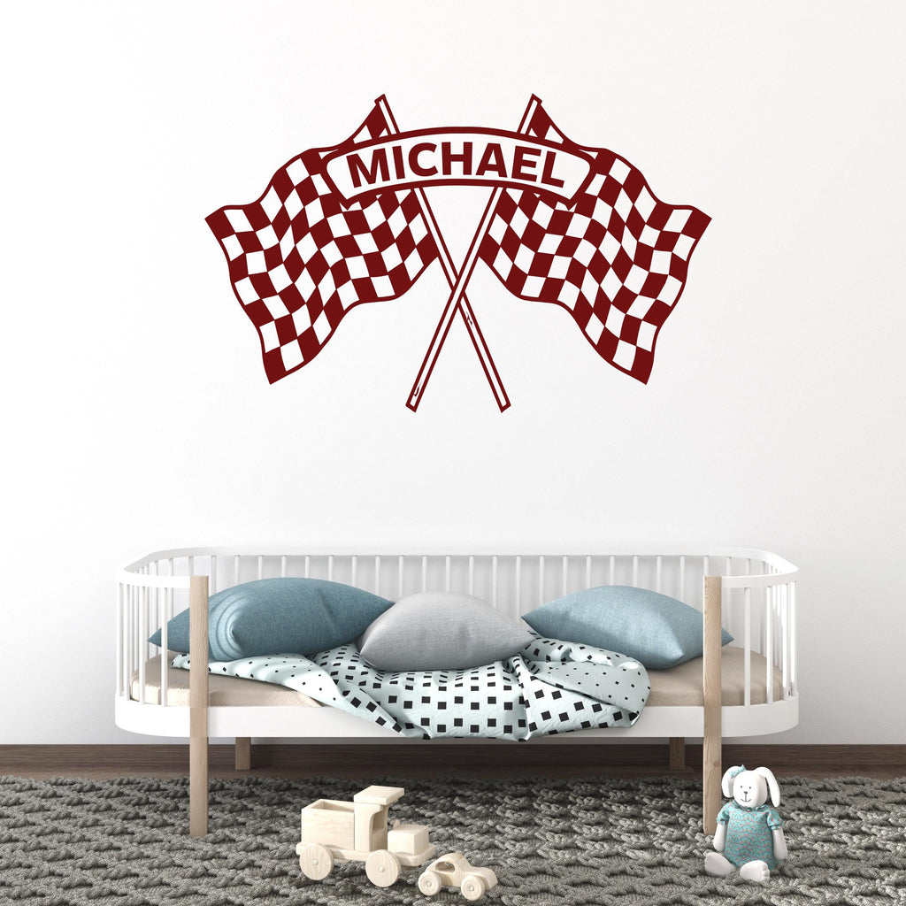Personalized Race Car Wall Decal, Checkered Flag Name Wall Sticker, Custom Racing Wall Art, Boys Room Decor, Race Theme Nursery 688LU