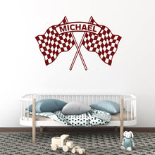 Load image into Gallery viewer, Personalized Race Car Wall Decal, Checkered Flag Name Wall Sticker, Custom Racing Wall Art, Boys Room Decor, Race Theme Nursery 688LU