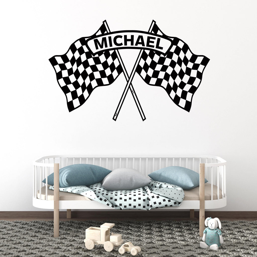 Personalized Race Car Wall Decal, Checkered Flag Name Wall Sticker, Custom Racing Wall Art, Boys Room Decor, Race Theme Nursery 688LU
