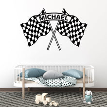 Load image into Gallery viewer, Personalized Race Car Wall Decal, Checkered Flag Name Wall Sticker, Custom Racing Wall Art, Boys Room Decor, Race Theme Nursery 688LU