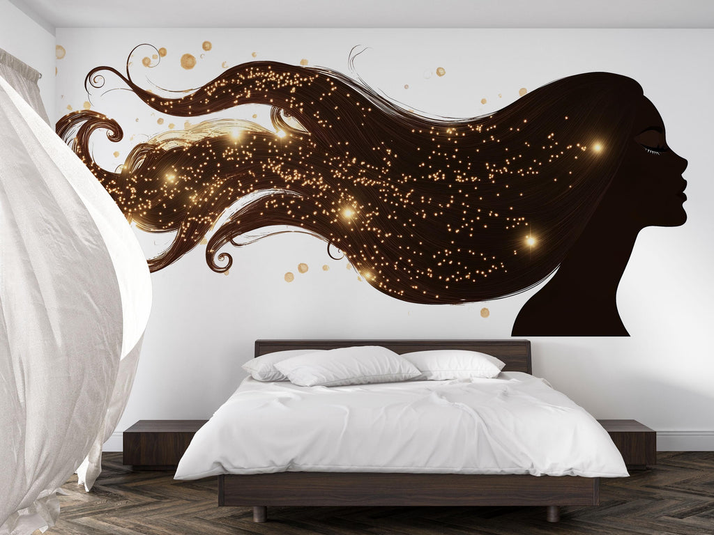 Hair Silhouette Wall Decal Beauty Salon Wall Sticker Gold Sparkle Hair Art Luxury Salon Decor Hairdresser Wall Decal Modern Beauty Room