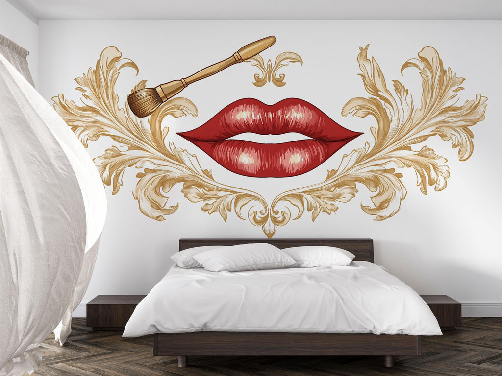 Luxury Lips Wall Decal Makeup Brush Wall Sticker Beauty Salon Wall Decor Elegant Baroque Wall Art Makeup Artist Studio Decor Glam Beauty