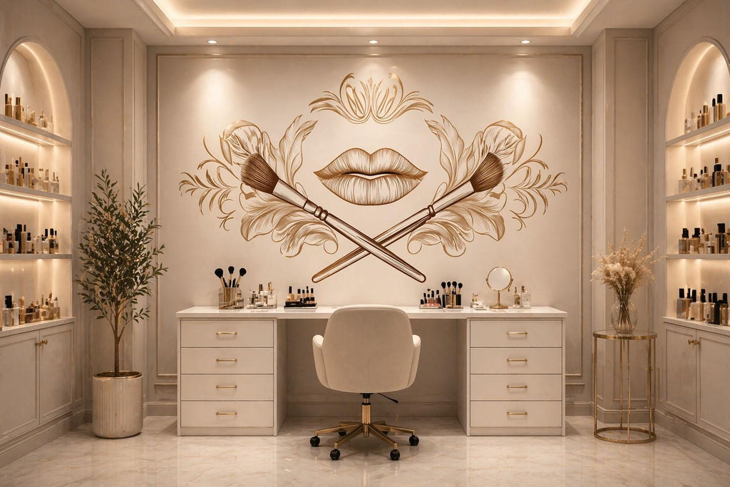 Gold Lips Wall Decal Makeup Brush Wall Sticker Luxury Beauty Salon Wall Decor Minimal Line Art Makeup Artist Studio Decor Elegant Glam Wall