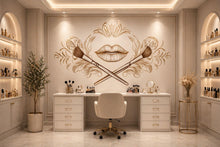 Load image into Gallery viewer, Gold Lips Wall Decal Makeup Brush Wall Sticker Luxury Beauty Salon Wall Decor Minimal Line Art Makeup Artist Studio Decor Elegant Glam Wall