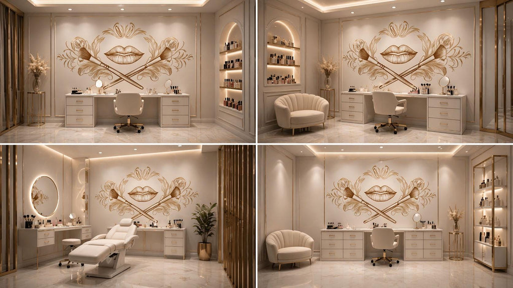 Gold Lips Wall Decal Makeup Brush Wall Sticker Luxury Beauty Salon Wall Decor Minimal Line Art Makeup Artist Studio Decor Elegant Glam Wall